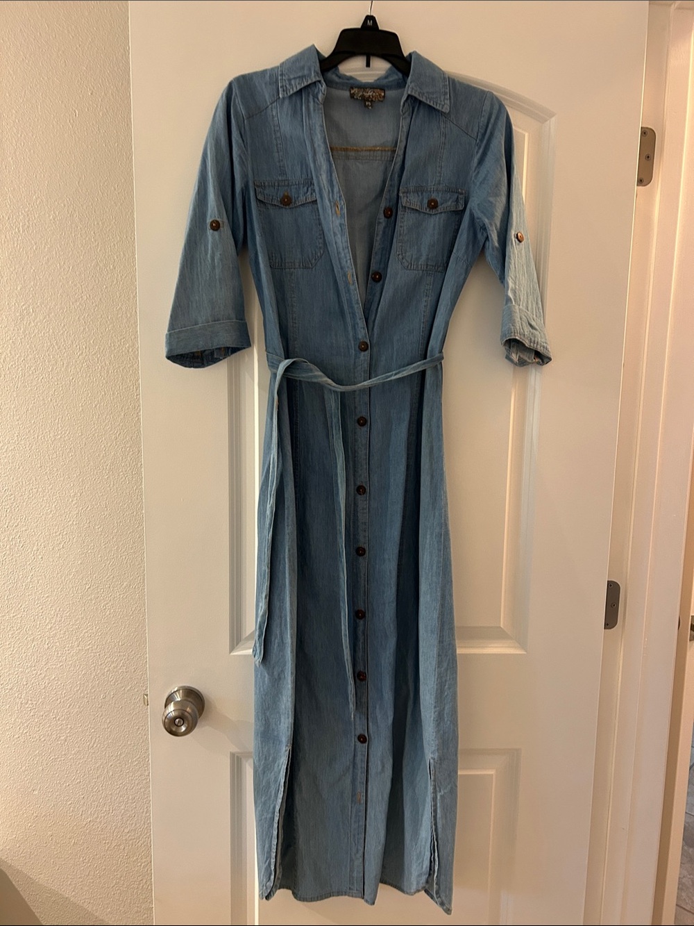 Light Blue Denim Maxi Shirt Dress with Tie Belt